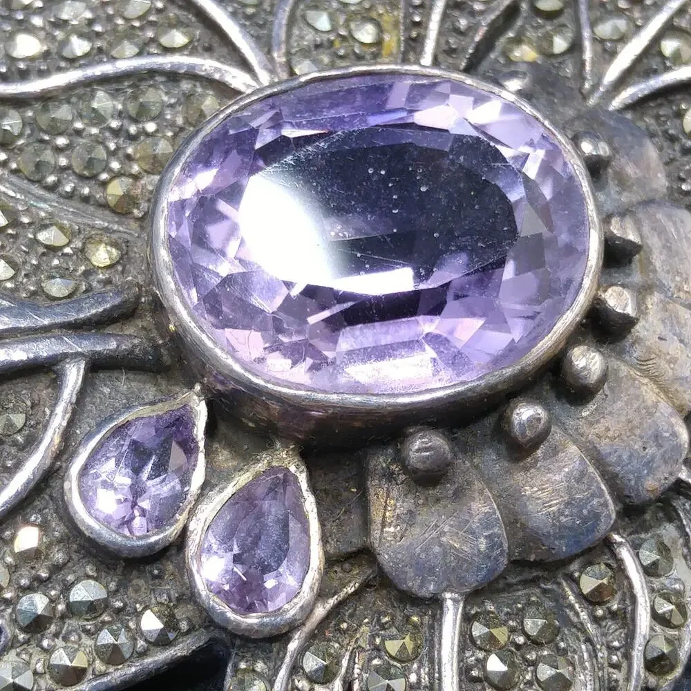 Amethyst Sterling Silver Marcasite Brooch, Artisan Made, 1950s Vintage Jewelry